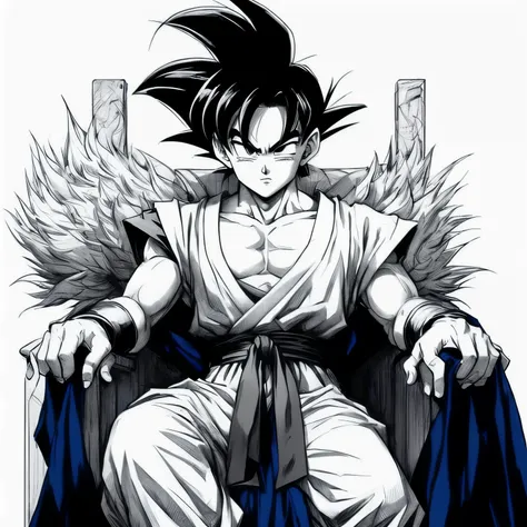 a drawing of a young Gohan sitting on a throne, Son Goku, portrait of Goku, Goku from dragon ball, goku from dragon ball z, highly detailed portrait of Goku, Goku portrait, Goku as an asian man, goku from dragonball z, by Akira Toriyama, Goku, black and wh...