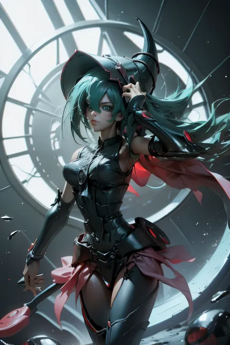 hatsune miku disguised as dark magician gils. pose sexy y sensual. big . dark magician gils costume. black suit with red.