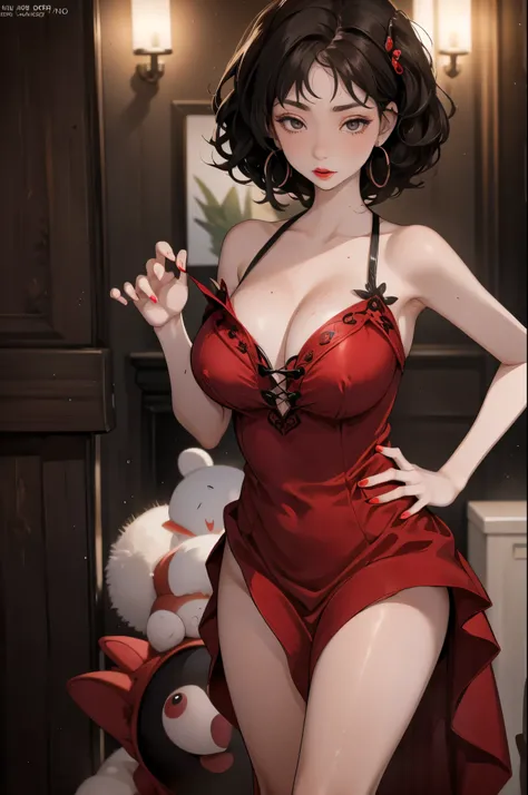 (8K HDR photorealistic pic), Betty Boop, short, althetic, curvy lady, ((tight little red dress)), dark eyebrows, black lipstick, (hoop earrings), dark eyeshadow, black lipstick, curvy, busty, (curly short black hair), shortstack, (retroussé breasts), darli...