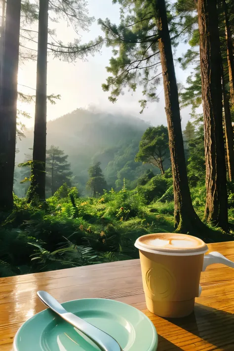 Coffee photo with a forest view as a background 