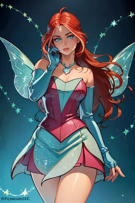 (bloom), (fair skin, red hair, blue eyes), (fairyoutfit), (blue dress, cyan gloves, sparkling outfit, heart necklace, blue fairy...