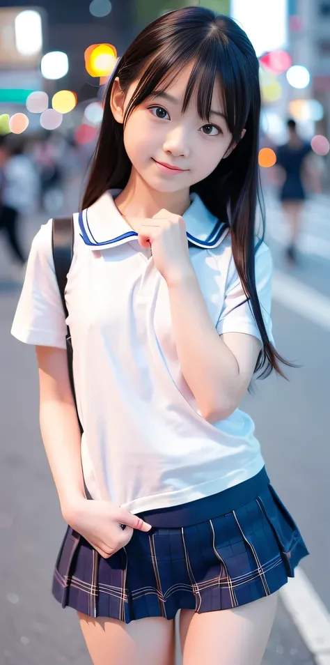 Incredibly cute girl,Super cute 16 year old girl、White skin、(Wear a sailor uniform)、 Professional Lighting、Tokyo Street,night, Streetscape,City lights,Upper Body,close,smile,, (8K, RAW Photos, Highest quality, masterpiece:1.2),(Realistic, photo-Realistic:1...