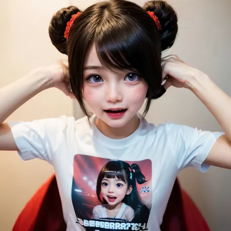 Bright Red in White, (Masterpiece 8K TopQuality:1.2) (ProfessionalPhoto:1.37) PUNIPUNI ExtremelyDetailed (((KAWAII girls in "Super Bitch" T-shirt:1.4))) from above