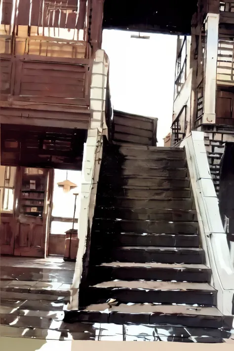 Brick library with stairs in the foreground,that the stairs are visible and that the stairs have phrases of wisdom, and at the bottom of the stairs on the second floor a graduated woman.