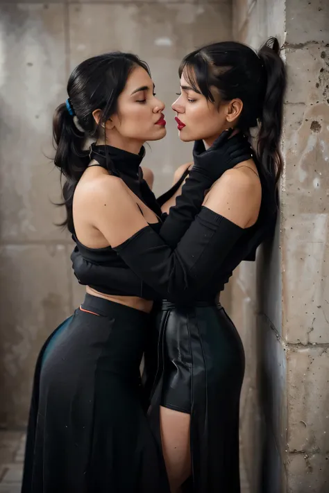 proFessional  photograph oF a gorgeous eyes closed soaked Bettie page girl and  her sister, (( pushed againts the wall,  grabbing her from behind, kissing her on the neck,biting his ear )dressed with a large black cloth coat,ponytail Black hair, red lipsti...