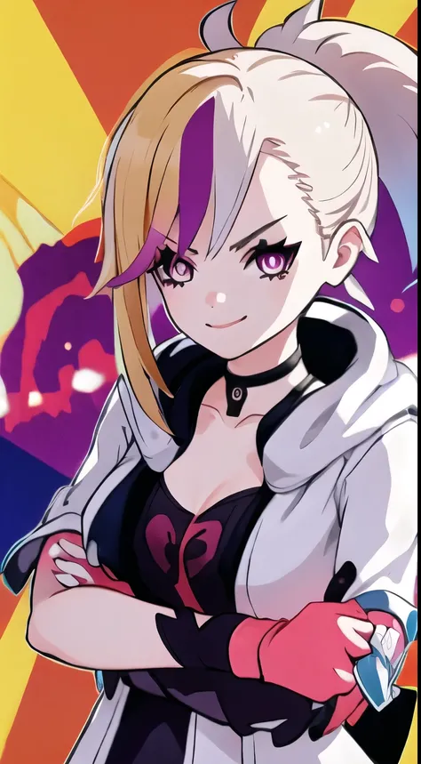 (best quality:1.2),solo,1girl,mdrin,smile,looking at viewer,crossed arms,ponytail,v-shaped eyebrows,white jacket,red shirt,fingerless gloves,black skirt,choker