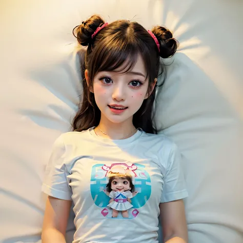 Bright Red in White, (Masterpiece 8K TopQuality:1.2) (ProfessionalPhoto:1.37) PUNIPUNI ExtremelyDetailed (((a KAWAII girl in WHITE "SUPER BITCH" T-shirt:1.4))) (Lying on back from DirectlyAbove) glowing body