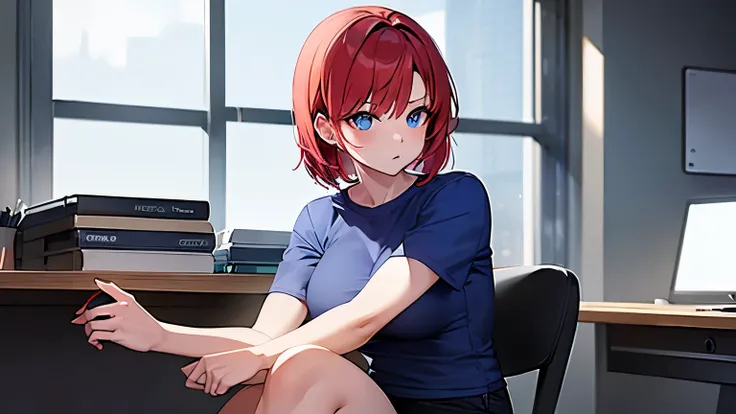 1 girl, (well shaped body), (Alone), 19 years,  HDR, short red hair, blue eyes, blue short sleeve t-shirt, black pants. sitting in an office.