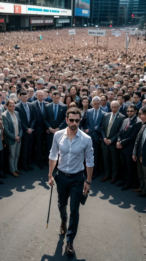 man walking through crowd 