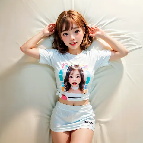 Bright Red in White, (Masterpiece 8K TopQuality:1.2) (ProfessionalPhoto:1.37) PUNIPUNI ExtremelyDetailed (((a KAWAII girl in WHITE "SUPER BITCH" Printed T-shirt:1.4))) (Lying on back from DirectlyAbove) glowing body