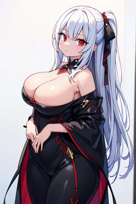 extremely detailed, masterpiece, high resolution, black , deep sharp red eyes, sharp face, cold, beautiful, long white hair, sexy face, curvy figure