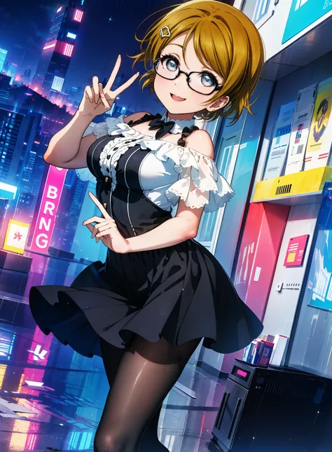 hanayo koizumi, hanayo　Koizumi, short hair, Brown Hair, Purple eyes,Big Breasts,Black-rimmed glasses,Cold Shoulder Shirt,Short sleeve,Long skirt,Black pantyhose,Stiletto heels,happy smile, smile, Open your mouth,whole bodyがイラストの中に入っていくように,Walking,
break lo...