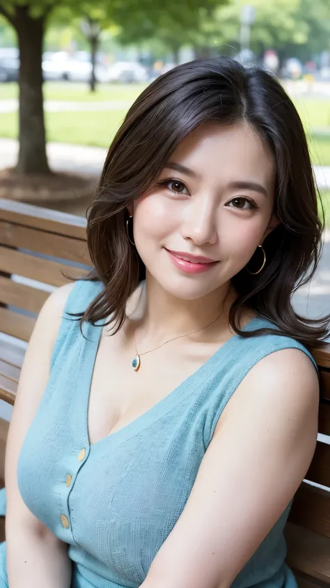 最high quality, In 8K, Masseter region, Genuine, Sharp focus, high quality, High resolution, Detailed face, fine grain, Thick lips, Background Blur, alone, Middle-aged women, , 65 years old, , Wavy Hair, Cleavage, Wearing a plain short-sleeved knit, sitting...