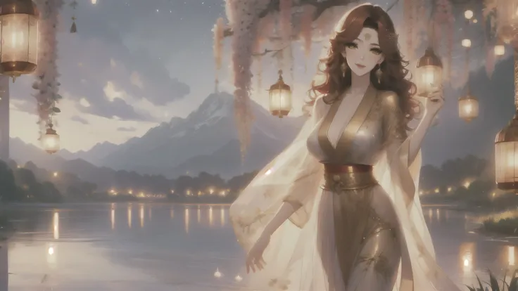 UHD, textured skin, high detail, anatomically correct, SOLO, 1 female, Xian mei, unique golden eyes, long red curly hair, jewelry, round, big breasts, perfect anatomy, walking by the lake, clear water nude, nude, sexy, hot , stars at night, shooting stars,...