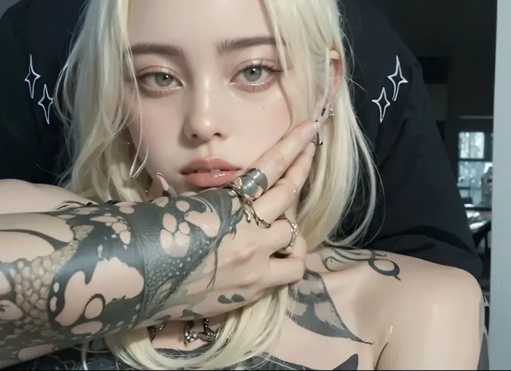 billie eilish with her tattooed boyfriend with her tattooed arms around him one of his arms covers her chest and the other holds...