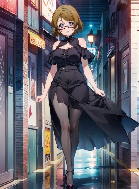 hanayo koizumi, hanayo Koizumi, short hair, Brown Hair, Purple eyes,Big Breasts,Black-rimmed glasses,Cold Shoulder Shirt,Long skirt,Black pantyhose,Stiletto heels,happy smile, smile, Open your mouth,まるでwhole bodyがイラストの中にいるかのように,Walking,
break looking at vi...