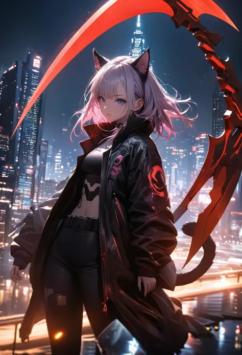 Detailed silhouette of a cyberpunk girl with cat ears and a tail, Flowing, Tattered coat, He wields a giant glowing red scythe with a mechanical tiger design on it., Stand on the glossy, Minimalist reflective surface, The background is a photorealistic cit...