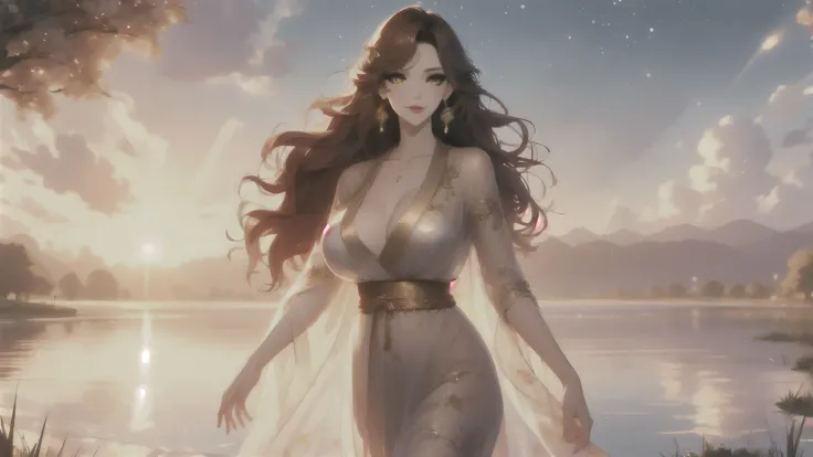 UHD, textured skin, high detail, anatomically correct, SOLO, 1 female, Xian mei, unique golden eyes, long red curly hair, jewelry, round, big breasts, perfect anatomy, walking by the lake, clear water nude, nude, sexy, hot , stars at night, shooting stars,...