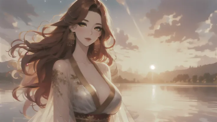 UHD, textured skin, high detail, anatomically correct, SOLO, 1 female, Xian mei, unique golden eyes, long red curly hair, jewelry, round, big breasts, perfect anatomy, walking by the lake, clear water nude, nude, sexy, hot , stars at night, shooting stars,...