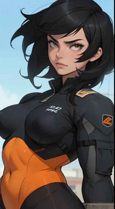 best quality close up pilot suit black hair yellow eyes muscular girl pale skin breasts sad girl