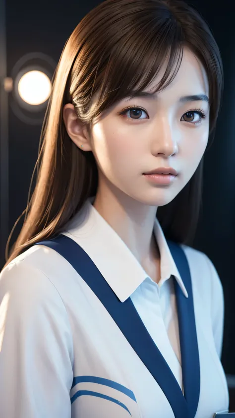 A beautiful young Japanese woman, around 20 years old, wearing a stewardess uniform, ultra-detailed, 8K resolution, highly realistic, cinematic lighting, best quality, masterpiece, photorealistic, physically-based rendering, extremely detailed, vivid color...