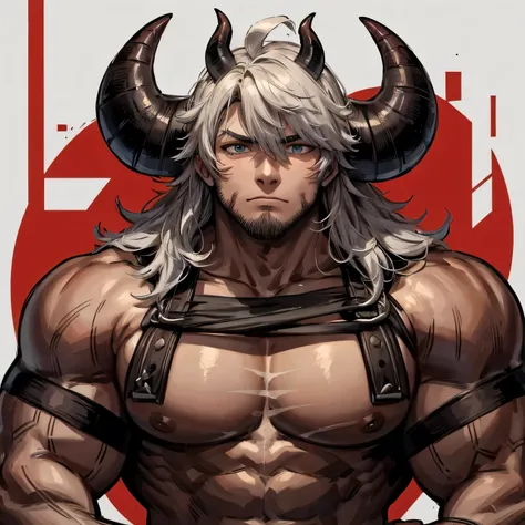 a big, muscular man, common pair of bull horns on head