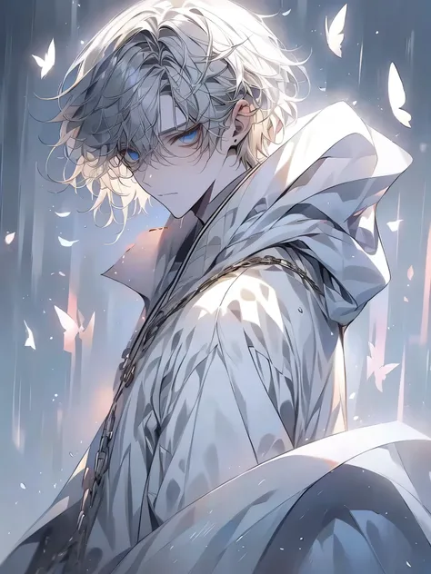((8k, masterpiece, high quality)) magazine cover, 1boy, young male, beautiful boy, solo, blonde hair, light yellow hair, silver blond hair, dark hair tips, shoulder length hair, messy hair, blue eyes, expressive eyes, sad expression, white skin, blue eyes,...