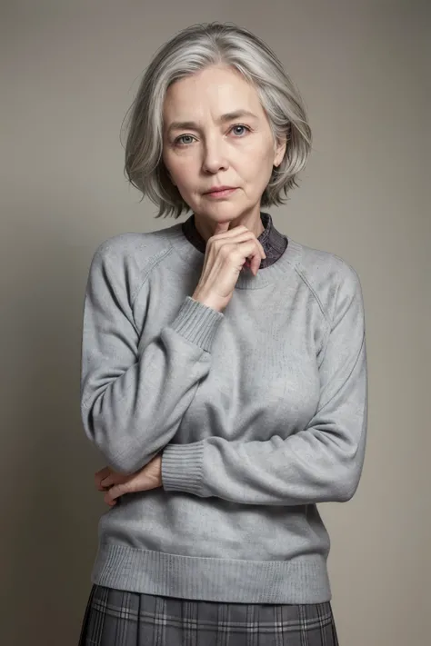 Realistic photograph of an old woman, Simpler, gray-haired, wearing a skirt and a sweater. Your look is sweet and kind. Your face is friendly.