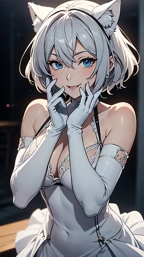 Tabletop　High resolution　Best image quality　8K　 Adult female　Anime Style　White long gloves（Elbow Gloves）　White Lingerie（separate）　White Stockings　White wolf ears　short hair（（Shortcuts）（Gray Hair）（Perm）（fluffy））　blue eyes（Close one eye）　Attractive face（（Lau...