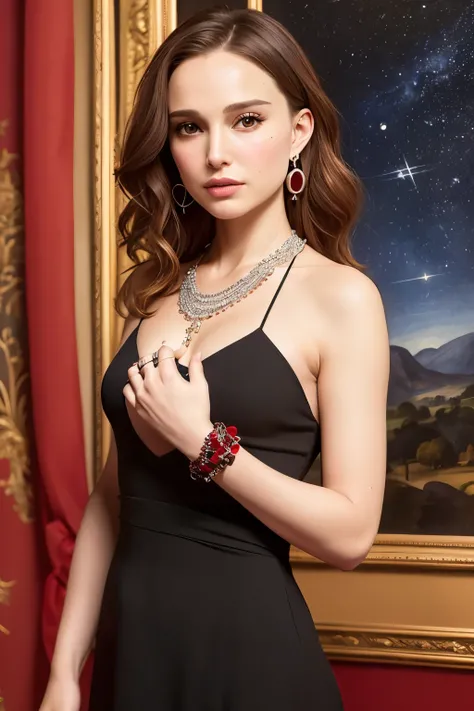 Natalie Portman, Oil painting, Renaissance, Leonardo da Vinci, model, modern style, modern clothing, pop star, cool, short hair red color pearl necklace, earrings, modern makeup, red lipstick, Starry night, dress with black stars, ring, defined strokes  