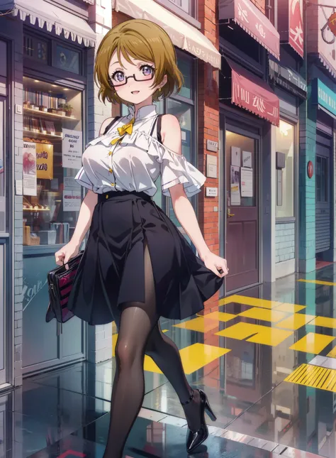 hanayo koizumi, hanayo Koizumi, short hair, Brown Hair, Purple eyes,Big Breasts,Black-rimmed glasses,Cold Shoulder Shirt,Short sleeve,Long skirt,Black pantyhose,Stiletto heels,happy smile, smile, Open your mouth,まるでwhole bodyがイラストの中にいるかのように,Walking,morning...