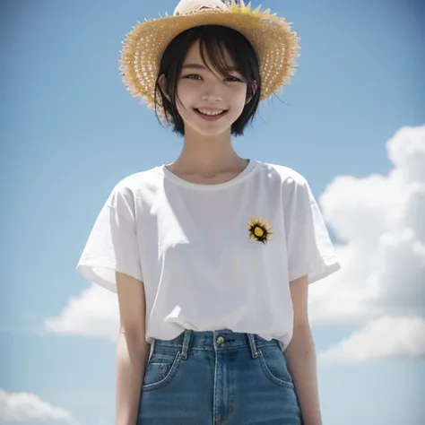 Japanese、18-year-old、Very slim、((Smiling))、Summer clothing、Blue sky、White cloud、sunflower、Straw hat、T-Shirts、Shorts、short hair