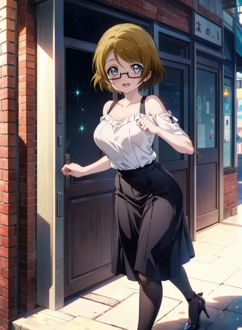 hanayo koizumi, hanayo　Koizumi, short hair, Brown Hair, Purple eyes,Big Breasts,Black-rimmed glasses,Cold Shoulder Shirt,Short sleeve,Long skirt,Black pantyhose,Stiletto heels,happy smile, smile, Open your mouth,まるでwhole bodyがイラストの中にいるかのように,Walking,morning...