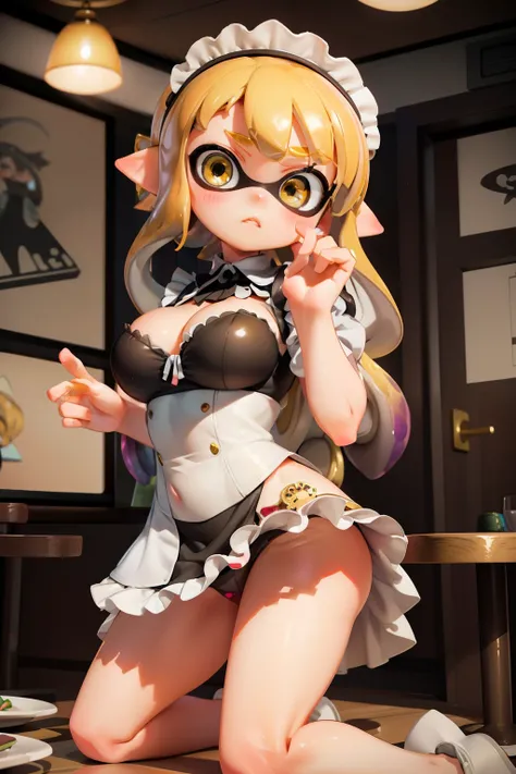 Real Anime、3d、((whole body))、1 Splatoon Girl, Beautiful Face、Slightly slim face、Golden Eyes、Golden and black gradient tentacle hair、Thick lips、Rouge、blush、((Anxious face、Confused face))、Micro Dress, ((Maid)), (((Panty shot)))，Ultra Micro Skirt Lift、((Lift ...