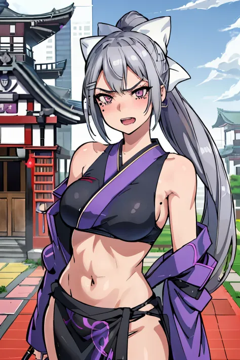 higuchi kaede, 1girl, virtual youtuber, solo, long hair, mole under eye, purple eyes, ponytail, very long hair, hairclip, grey hair, blush, lipstick, Hot girl, baddie, staring, glaring, bad attitude, mean girl, dare, angry, hate, crazy, smoking, sensual, a...