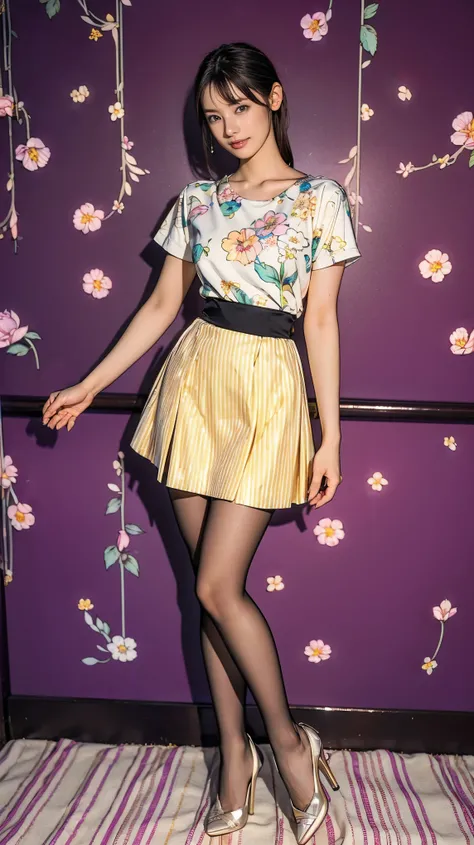 ((masterpiece)),(((Highest quality))),Thin thighs,Long legs,whole body:1.5，(One Girl:1.3),(Black pantyhose and thick pointy heels：1.3),(Wearing a mid-length flared skirt dress with a floral stripe pattern:1.2),Short blonde:1.2、Model pose，