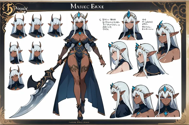 ((Masterpiece, Top Quality)), detailed face, character sheets, full body, full of details, Multiple poses and expressions, highly detailed, depth, Many parts, 1 Beautiful adult woman, (huge breasts) 1 dark elf woman, athletic body, pointed ears ((dark skin...