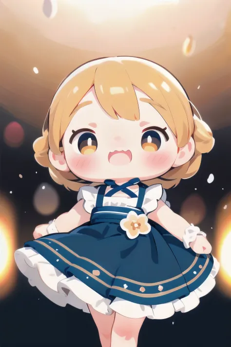 Chibi Girl Doll、Spinning gracefully、Dresses fluttering in the wind、Detailed facial features、Aggressive composition、Elegant hairstyle、Delicate feminine figure、Photorealistic、high quality、Ultra-realistic、Very detailed、Cinematic lighting、Warm color palette、Dr...