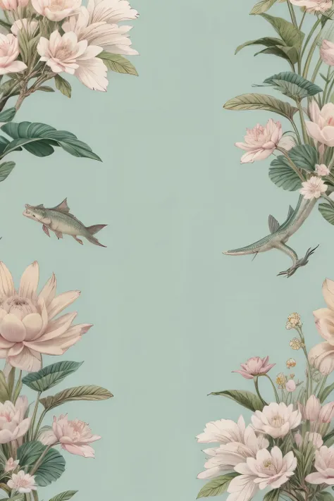 Oriental wallpaper with Buddha carps and dragons in pastel colors with an oriental background