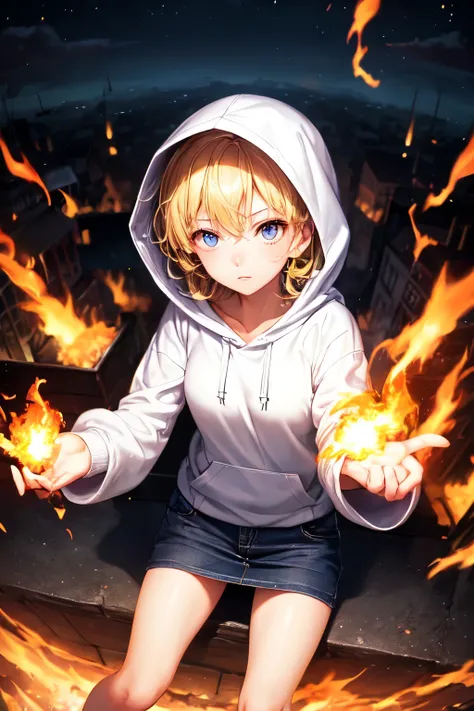 psychic girl, beautiful, view from above, high quality, ((a girl using pyrokinesis to kill the viewer)), she attacks the viewer, expressionless, mercilessly, night, casual clothes, hoodie, wearing a hood, town, silent place, blonde