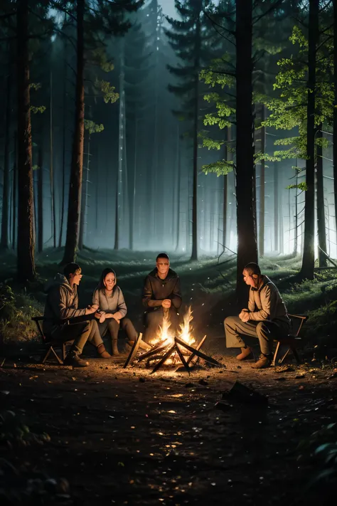 create a bonfire in the middle of a forest at night with rain and blurred people around