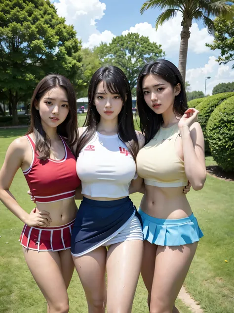 masterpiece, Award-winning work, highest image quality, best quality, very youthful beauty, shiny skin, (huge breasts: 1.2), nice body, Three cheerleader girls standing, park, from thigh to head, Sweaty and wet: 1.4, Clothes are rolled up