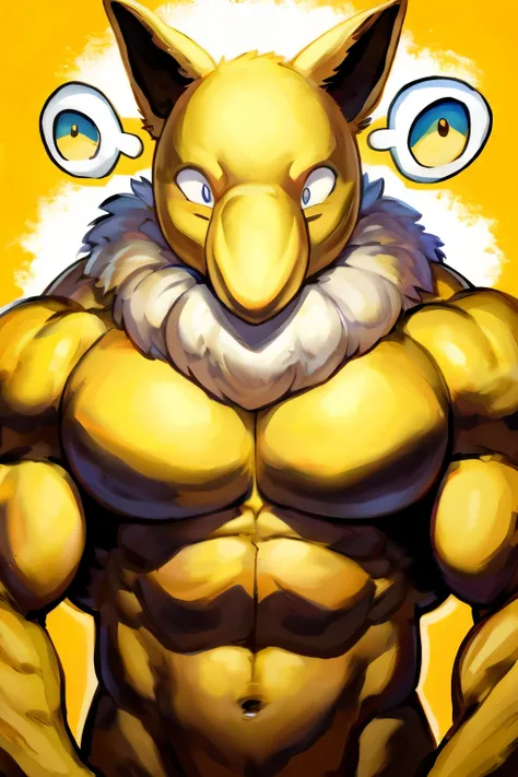 Furry, Anthro, solo, Hypno, Male, (((muscular body, massive thighs, massive male pectorals, confused, head tilted, looking at viewer))), ((((fluffy white neck, massive biceps)))), ((((((confused, wide-eyed, massive bulky torso)))))), naked, gold yellow ski...