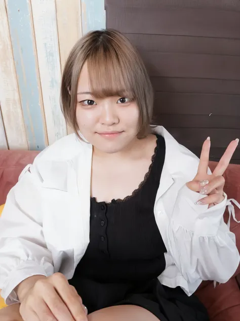 there is a woman sitting on a couch with a peace sign, taken with canon 8 0 d, chiho, taken with canon eos 5 d, taken with canon eos 5 d mark iv, with index finger, taken with a canon eos 5d, taken with a canon eos 5 d, with short hair, ayaka