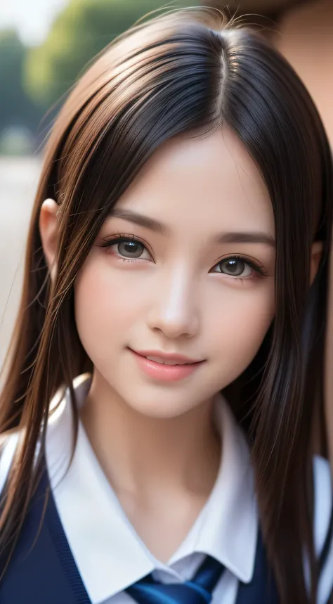 teen, 1girl in, Extremely cute, Amazing face and eyes, (Beautiful lovely smile), (extremely detailed beautiful face), bright and shiny lips, Super beautiful, (School uniform:1.3), (Best Quality:1.4), (hyper quality), (Ultra-detailed), (Hyper-realistic, Pho...