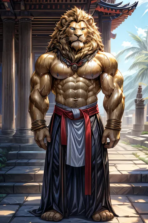 A golden martial artist lion,sexy, slim and well defined body,blue eyes, elegant long golden hair, loincloths as ugly as possible,(bottom:by day a majestic and powerful temple of martial artists,shadows,just standing straight ahead and centered his entire ...