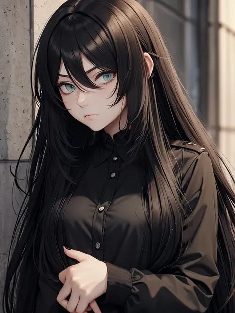 streamer alina rin, russet hair, slightly green eyes, gothic jacket and a black colored shirt, long hair, messy hair, hair sprea...