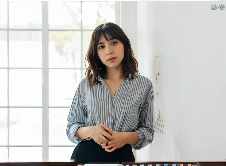 a woman named Carly Garcia, who is an Eurasian office worker. She has a professional yet casual style, she has dark brown hair, RAW photo, subject, 8k uhd, dslr, soft lighting, high quality, film grain, Fujifilm XT3. face symmetry