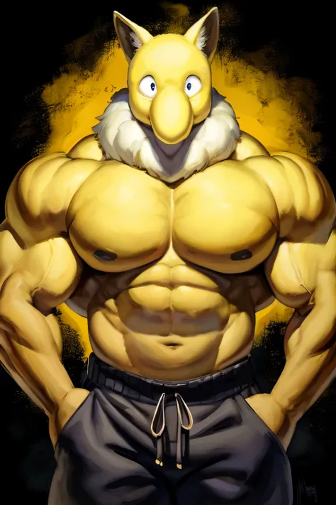 Furry, Anthro, solo, Hypno, Male, (((hyper muscular body, massive thighs, massive male pectorals, confused, head tilted, looking at viewer))), ((((fluffy white neck, massive biceps)))), ((((((confused, wide-eyed, massive bulky torso)))))), wearing black sw...