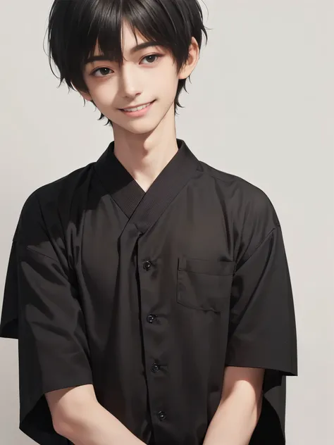 (((Masterpiece))), (high quality), one Japanese boy, 18 years old,(tall and thin,sleepy droopy eyes, long face,thin cheeks:1.5),(black shaggy short hair,blank expression,smile:1.5),Short Hair,Perm,(Plain background:1.5),